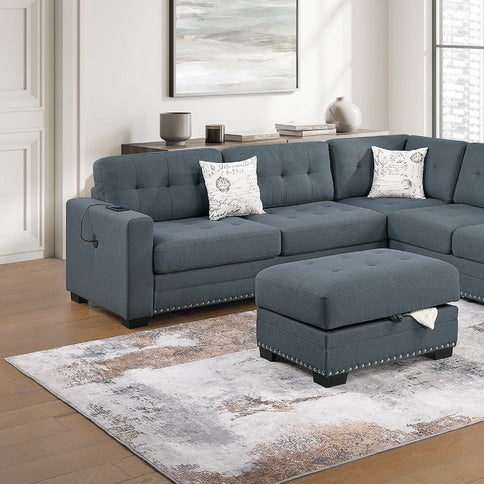 L - Shaped Sectional Sofa Set With Storage Ottoman, Tufted Upholstery Nailhead Trim
