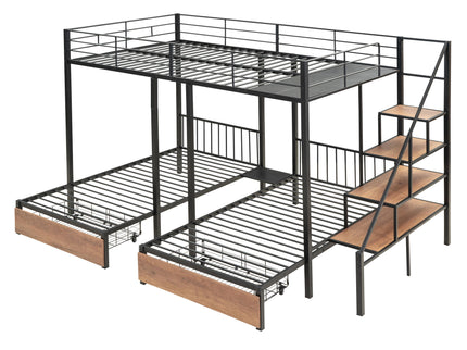 Full Over Twin-Twin Triple Bunk Bed With Drawers And Staircase - Black