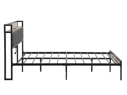 Modern Bed Frame With LED Lights, Upholstered Headboard, USB Charging