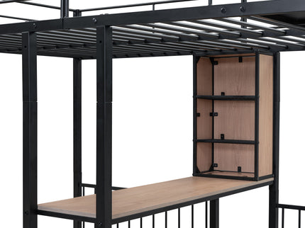 Triple Bunk Bed With Drawers, Multi-Functional Frame With Desks And Shelves In The Middle