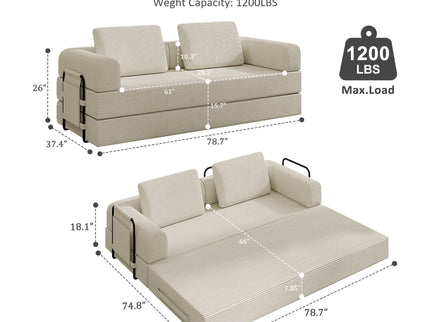 Convertible Sleeper Sofa Bed With Cylindrical Pillow, Fixed Shape Frame