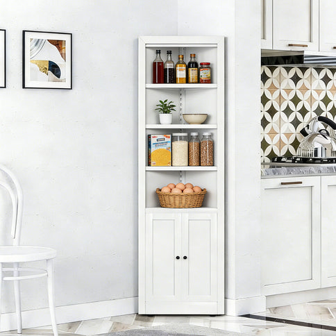 Tall Corner Storage Cabinet With 2 Doors, 5-Tier With Adjustable Shelve, Freestanding - White