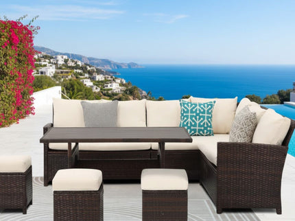 7 Piece Patio Dining Set With Cushions, Modular Sectional Sofa & Storage Table