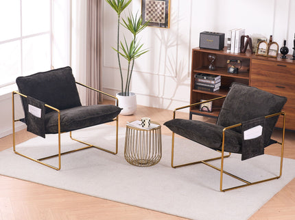 Upholstered Hanging Armchair With Arm Pocketsmetal Frame (Set of 2), Plated Craftsmanship, Crushed Foam Cushions And Skin-Friendly Woven Fabric For Living Room And Bedroom