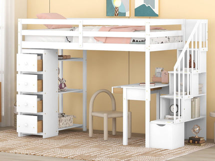 Loft Bed With Storage Drawers, Desk And Stairs With Shelves