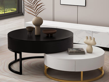 Modern Round Lift-Top Nesting Coffee Tables With 2 Drawers