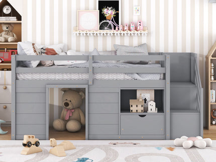 Low Loft Bed With Stair, Drawer, And Shelf