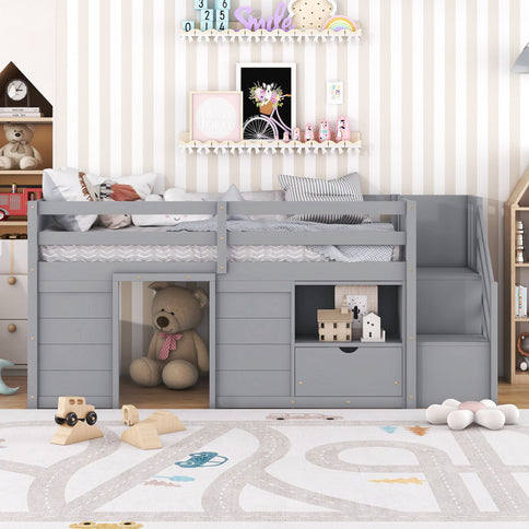 Low Loft Bed With Stair, Drawer, And Shelf