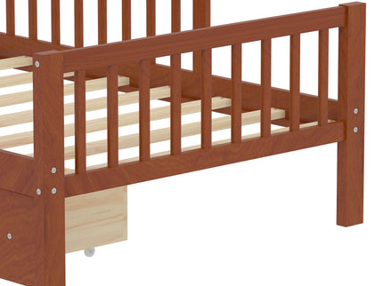 Bed With Headboard Storage Rack, 2 Under Bed Drawers, 3 Side Guardrails For Safety