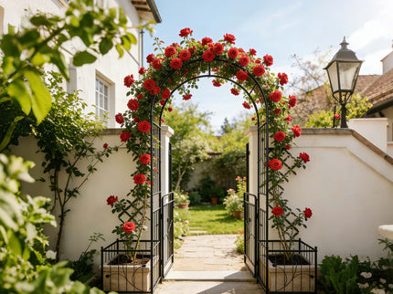 Metal Garden Arch With Gate Wide High Climbing Plants Support Rose Arch Outdoor - Black