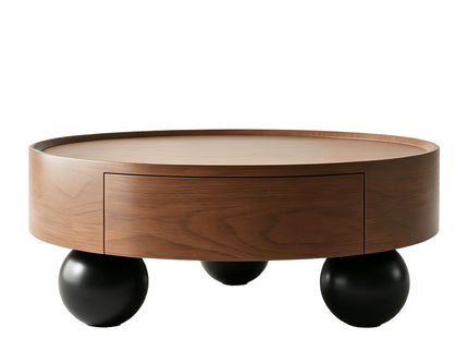 Round Coffee Table With Storage Drawer And Ball Feet - Walnut / Black