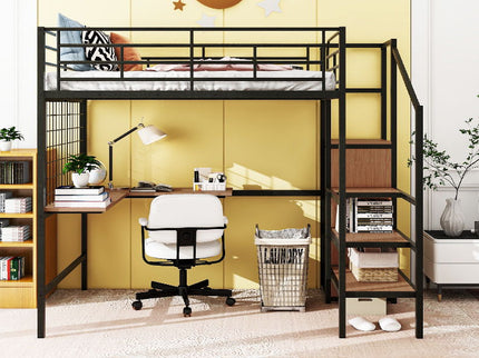 Loft Bed With Desk And Grid, Stylish Frame With Lateral Storage Ladder And Wardrobe