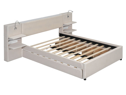 Upholstered Platform Bed With Reading Lights, Drawers, Trundle And Shelves