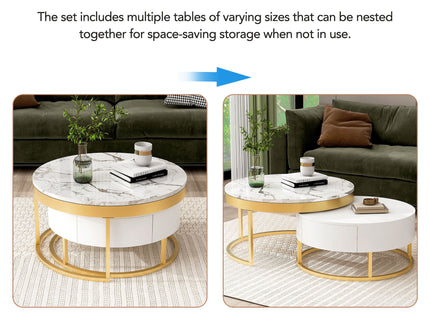 Round Nesting Coffee Table With Drawers - Golden / White