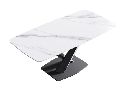 70.87" Modern Artificial Stone White Curved Black Metal Leg Dining Table, Can Accommodate 6-8 People - White / Black
