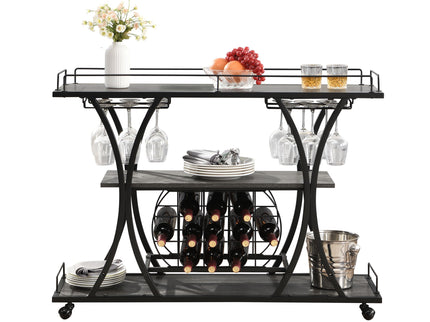 Industrial Bar Cart Kitchen Bar & Serving Cart For Home With Wheels 3 Tier Storage Shelves - Black / Gray
