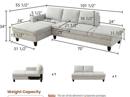 2 Piece L - Shaped Left Chaise Sectional Sofa With Ottoman, Living Room Furniture - White / Gray