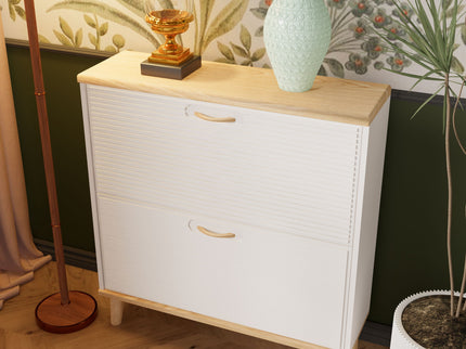 Narrow - Entryway Shoe Storage Cabinet With 2 Flip Drawers Legs - Natural / White