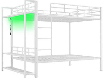 Bunk Bed With Storage Shelves, Clothes Hooks, LED Light