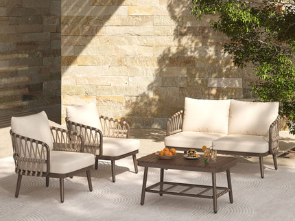 4 Piece Outdoor Patio Furniture Set, Metal Chairs With Woven Rope U Shaped Backrest