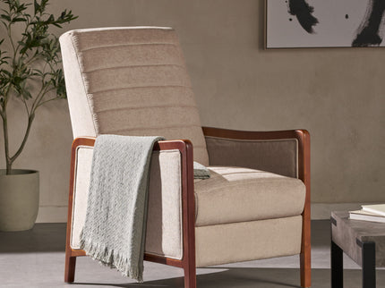 Mid Century Modern Fabric Channel Stitch Wood Pushback Recliner