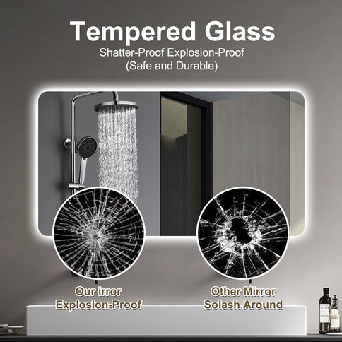 Wall Mounted LED Lighting Mirror With 3 Color Lighting, Dimming, Waterproof, Anti Fog, Touch Switch - Silver