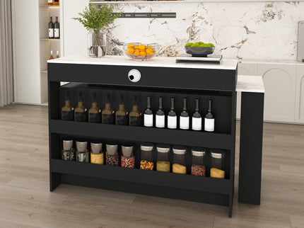 Kitchen Island With Extendable Rotating Table, 4 Drawers & Glass Door Cabinets, Built In Socket - Black