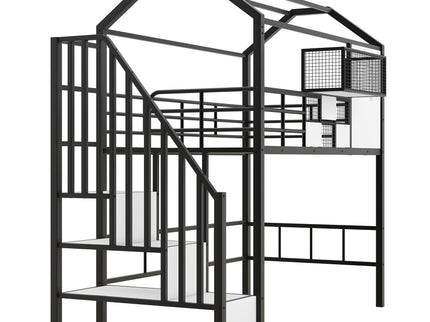 Metal Loft Bed With Roof Design And Storage Box With Guardrails And Integrated Ladder