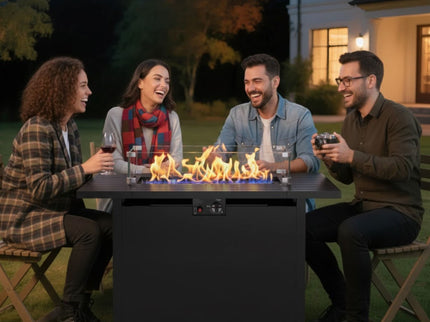 Outdoor 2 In 1 Gas Fire Pit Table With Lid & Glass Shield, Stainless Burner, Lava Rock, Rectangular Design - Black
