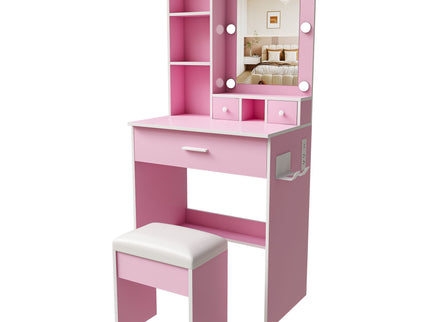 Vanity Table With Mirror, Adjustable LED Lights, Power Outlet, Hairdryer Holder & Stool