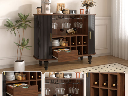 Fluted Liquor & Coffee Bar Cabinet With 6 Wine Racks And 3 Glass Holders
