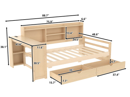Corner Daybed With Storage Drawers, Desk, Charging Port & Bookcase