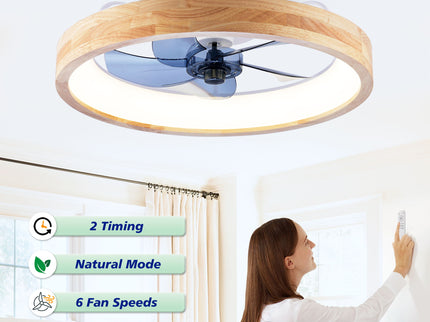 Ceiling Fans With Lights And Remote, 3000 - 6500K Dimmable Flush Mount LED Fan Light, 6 Speeds, Quiet DC Motor For Living Room - Matte White / Natural Wood