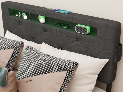 Bed With USB Charging Station, LED Lights, Headboard & Storage Drawers