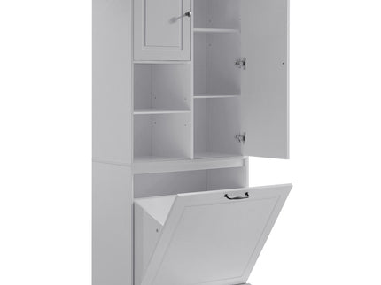 Modern Tall Storage Cabinet With Adjustable Shelves, Flip-Out Basket & Enclosed Doors