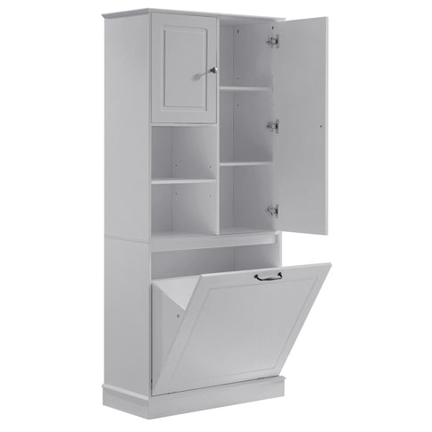 Modern Tall Storage Cabinet With Adjustable Shelves, Flip-Out Basket & Enclosed Doors