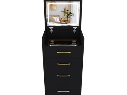3 In 1 Vanity Desk With Open Top Mirror, Glass Desktop Makeup Set With 3 Drawers, Compact Dressing Table For Bedroom - Black