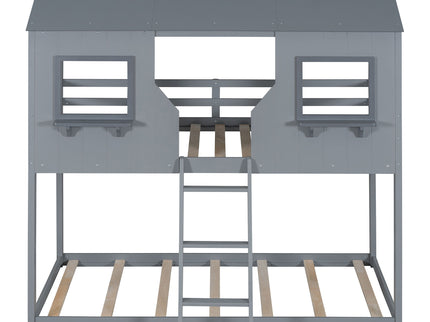 Twin Over Twin Bunk Bed With Roof, Window, Guardrail, Ladder