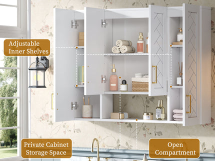 Wall Mounted Medicine Cabinet With 5 Adjustable Shelves, Exquisite Carving - White