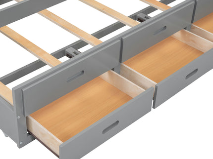 Full Size Platform Bed With Trundle, Drawers, USB Ports And Built In Shelves - Gray