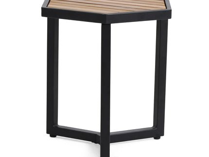 Outdoor Side Table With Iron Base And Slatted Top - Brown