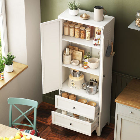 Pantry Cabinet With 2 Drawers, Adjustable Shelves, Freestanding Kitchen Storage Organizer - White