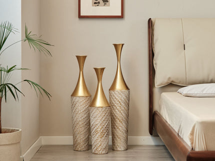 Floor Metal Vase Modern Style Decoration Home Woven Pattern Metal Vase 3 Piece Set Gorgeous Home Decoration Large Glazed Metal Vase - Champagne