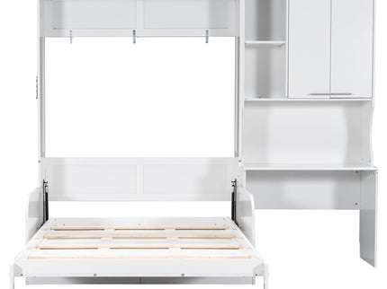 Multi Functional Murphy Bed With Sofa, Desk, And Storage Cabinet In, Full Size - White