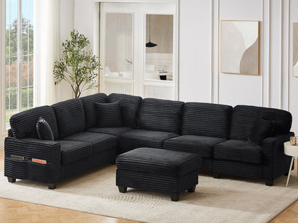 Upholstered U-Shaped Sectional Sofa With Movable Ottoman And Side Storage Pockets
