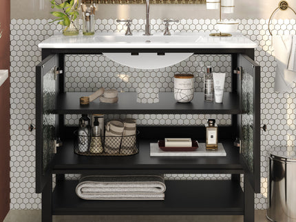 Bathroom Vanity With Ceramic Sink, Adjustable & Open Shelf