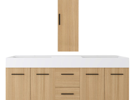 Floating Double Sink Bathroom Vanity Set With Tall Linen Cabinet, Drawers And Doors, Extra Large Storage, Integrated Sink, Soft Close Hardware - Glossy White / Light Oak