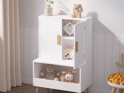 Toy Storage Cabinet With Doors And Open Shelf, Toddler Bookshelf For Playroom - White