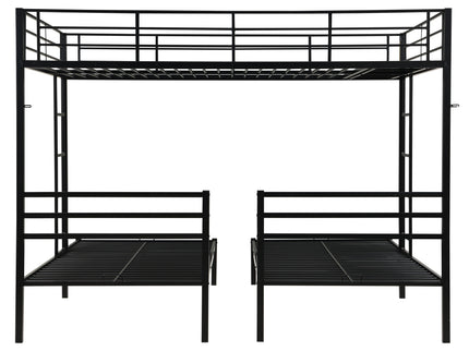 Modern Metal Triple Bunk Bed With Vertical Ladder, Safety Rail, And Storage Shelf - Black