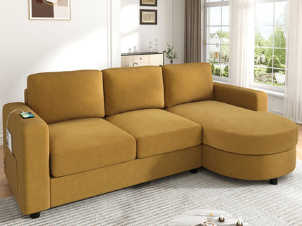 Modern L-Shaped Sectional Sofa With Curved Chaise, USB Ports, And Side Storage Pockets